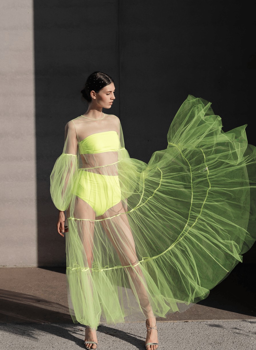 Bademoden Helene Galwas | Alena Neon Yellow Maxi Dress In Tulle.