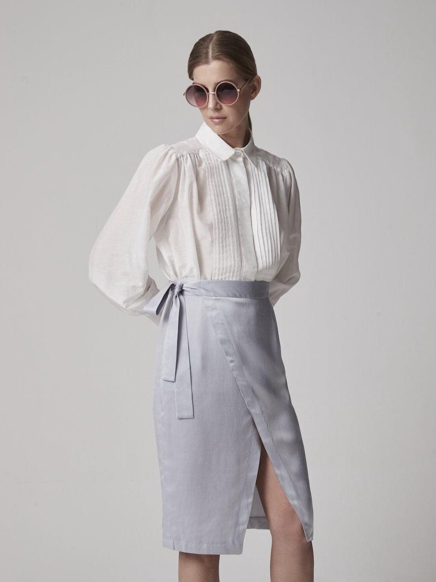 Blouses Helene Galwas | Long-Sleeved White Blouse Made Of Silk Mix. Long Sleeve White Silk Mix Blouse