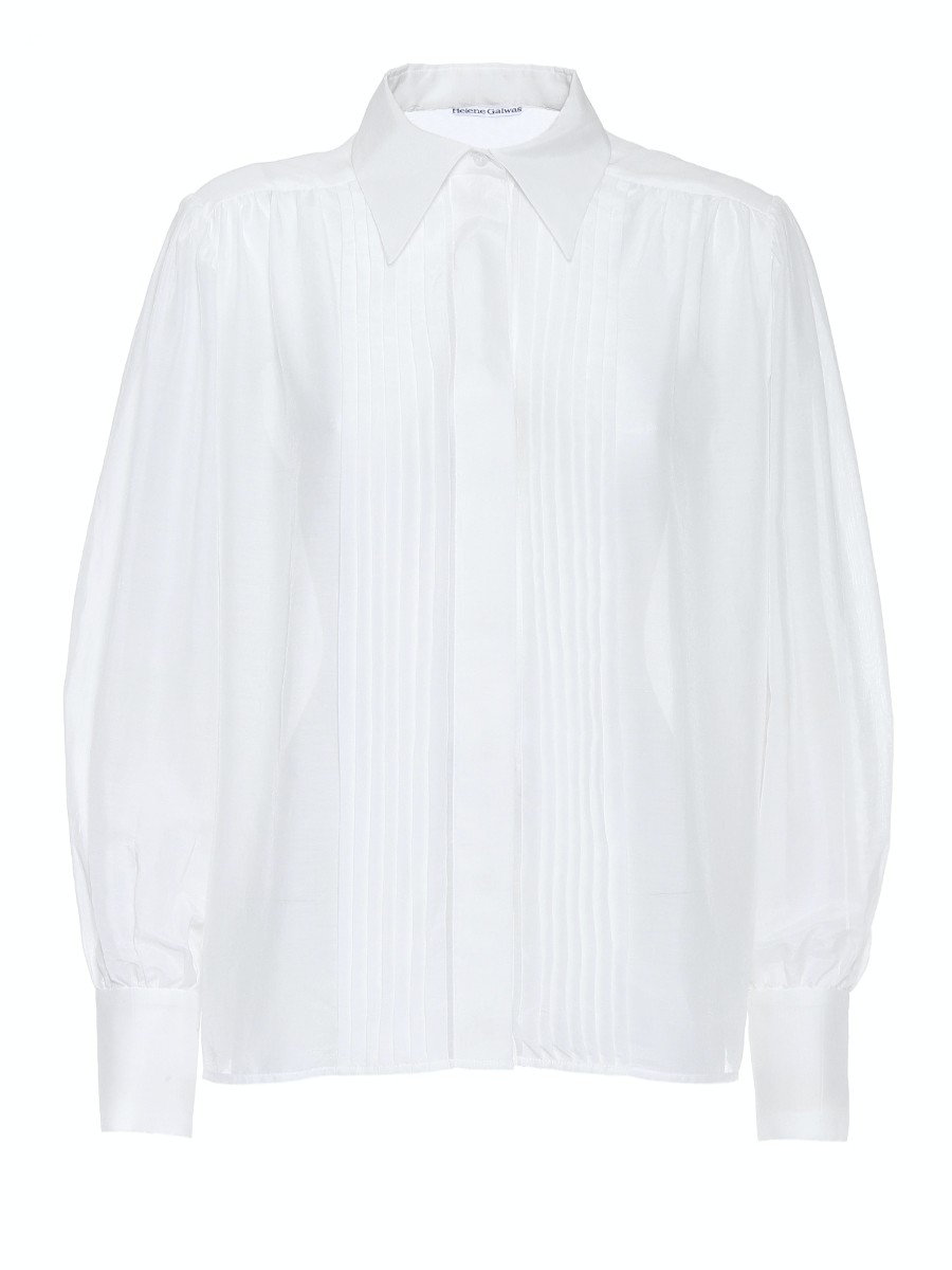 Blouses Helene Galwas | Long-Sleeved White Blouse Made Of Silk Mix. Long Sleeve White Silk Mix Blouse