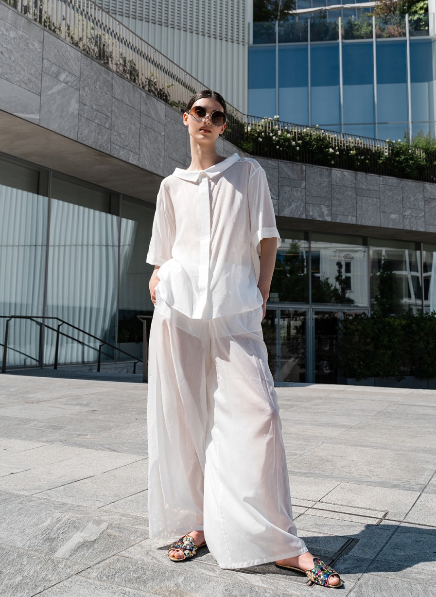 Pants Helene Galwas | Gerit - Silk - Wide White Cropped Trousers